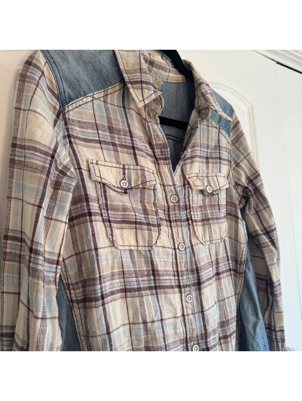Free People Clara Mixed Media Plaid Denim Button Down Shirt Fringe Small